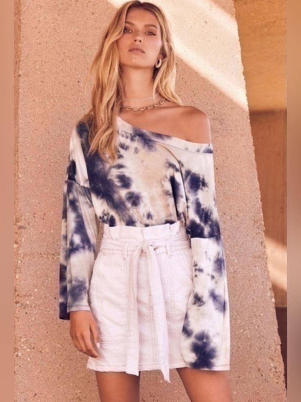 Free People Boho Oatmeal Denim Paper Bag Jean Skirt > 6